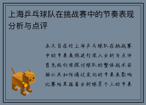 上海乒乓球队在挑战赛中的节奏表现分析与点评